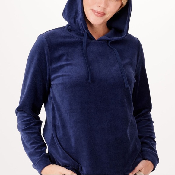 AMBIANCE Navy Dark Blue Velour Kangaroo Pocket Hoodie Pullover Size Med - Picture 7 of 8